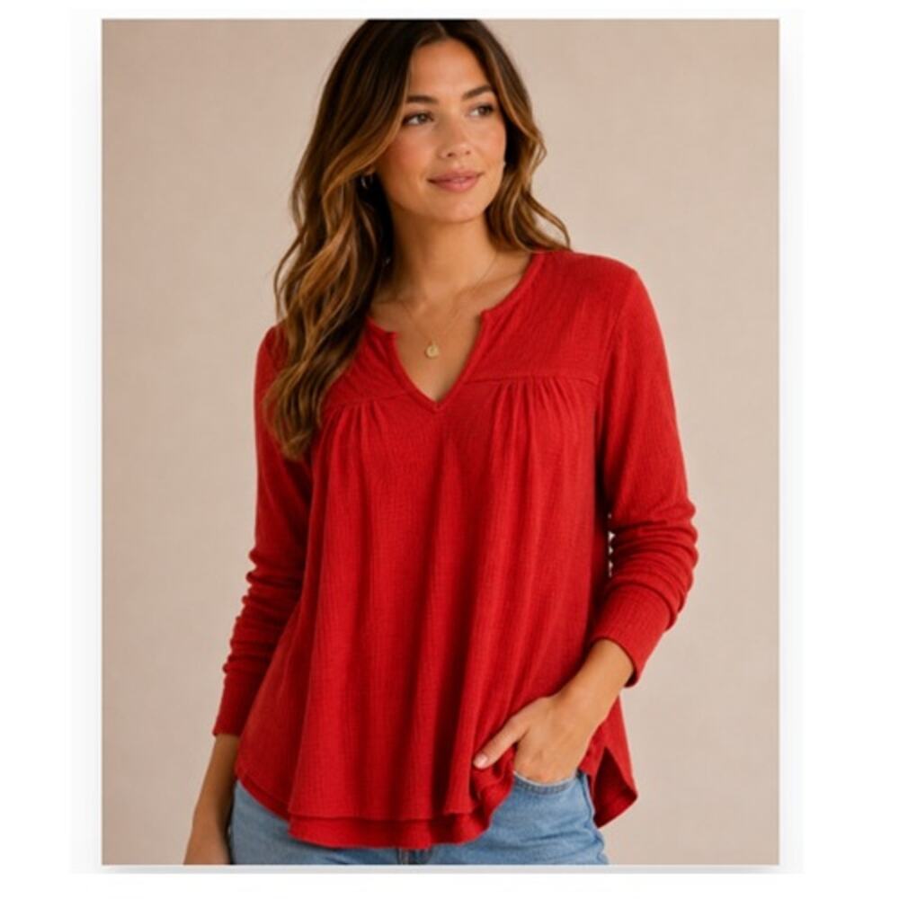 T.LA Waffle Knit Top Womens Small Red Long Sleeve Split Neck Thermal Shirt